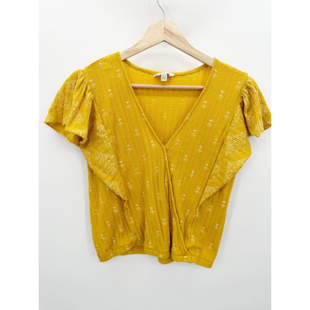 Lucky Brand Women Yellow Boho Floral Top Size XS Crossover Ruffle Sleeve Spring